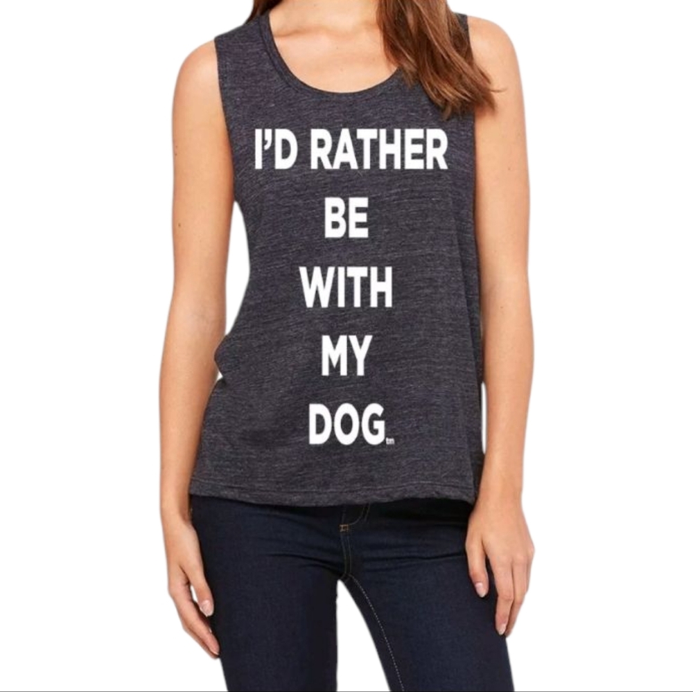 I'd Rather Be With My Dog Gray Sleeveless Dog Lover Shirt Muscle Tee